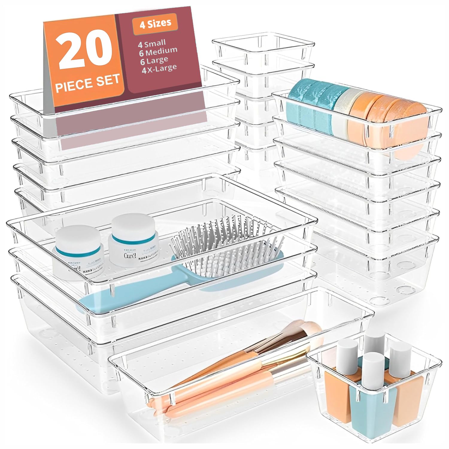 LIVINGBASICS 20 Pieces,4 Sizes Unbreakable Drawer Organizer (Transparent)